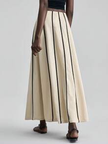 Ontre 2026SS Nueva Falda A-Line de Tela Tejida para Mujer, Diseño de Cremallera con Ribete de Color Contrastante, Estilo Elegante de Vacaciones de Verano, Atuendo de Invitada de Boda en Beige, Albaricoque y Caqui - Blanco y Negro - Ver 3
