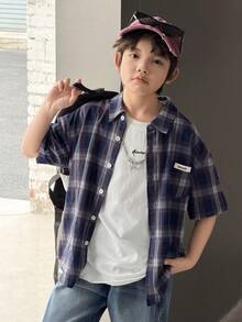 DAZY 男童字母贴布印花短袖单排扣休闲口袋衬衫（夏季款） - 藍色 - 查看 6