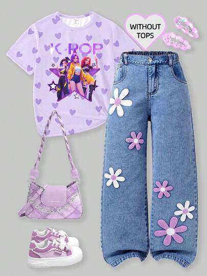 SHEIN Tween Girl New Fashion Distressed Snowflake Embroidered Wide-Leg Jeans Tween Aesthetic Heart Cardigan Daisy Jeans Y2k Teen Y2k Girl Y2k Aesthetic Jean For Girls Y2k For Girls Tween Y2k Tween Girl Y2k Full For 11 To 12 Year Old With Plant Pants With Butterflies And Flowers Aesthetic For Girls Fall Winter 90s Kids