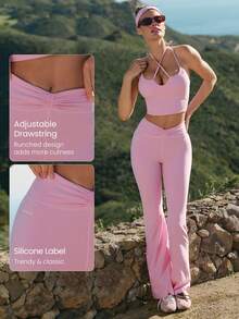 GLOWMODE 31" FeatherFit™ Cheeky Flare Buttery-Soft Sweat-Wicking Stretchy Adjustable Drawstring Waist Peekabum Design Flare-Leg Leggings Low Impact Yoga Pilates Studio Gym Daily Active Wear - Pink - View 4