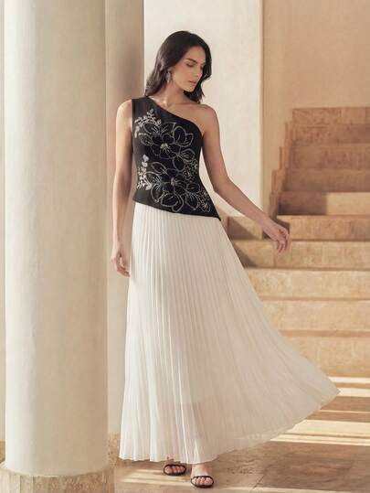 Anewsta Women's Elegant Asymmetric Shoulder Design Handmade 3D Floral Decor, Pleated Hem, Soft & Comfortable, Suitable For Parties, Galas, Formal Occasions, Minimalist High-End Dress