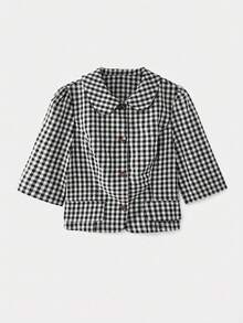lacRébo Chaqueta de manga corta con botones y cuello redondo de cuadros verdes, estilo vintage. - Negro - View 8