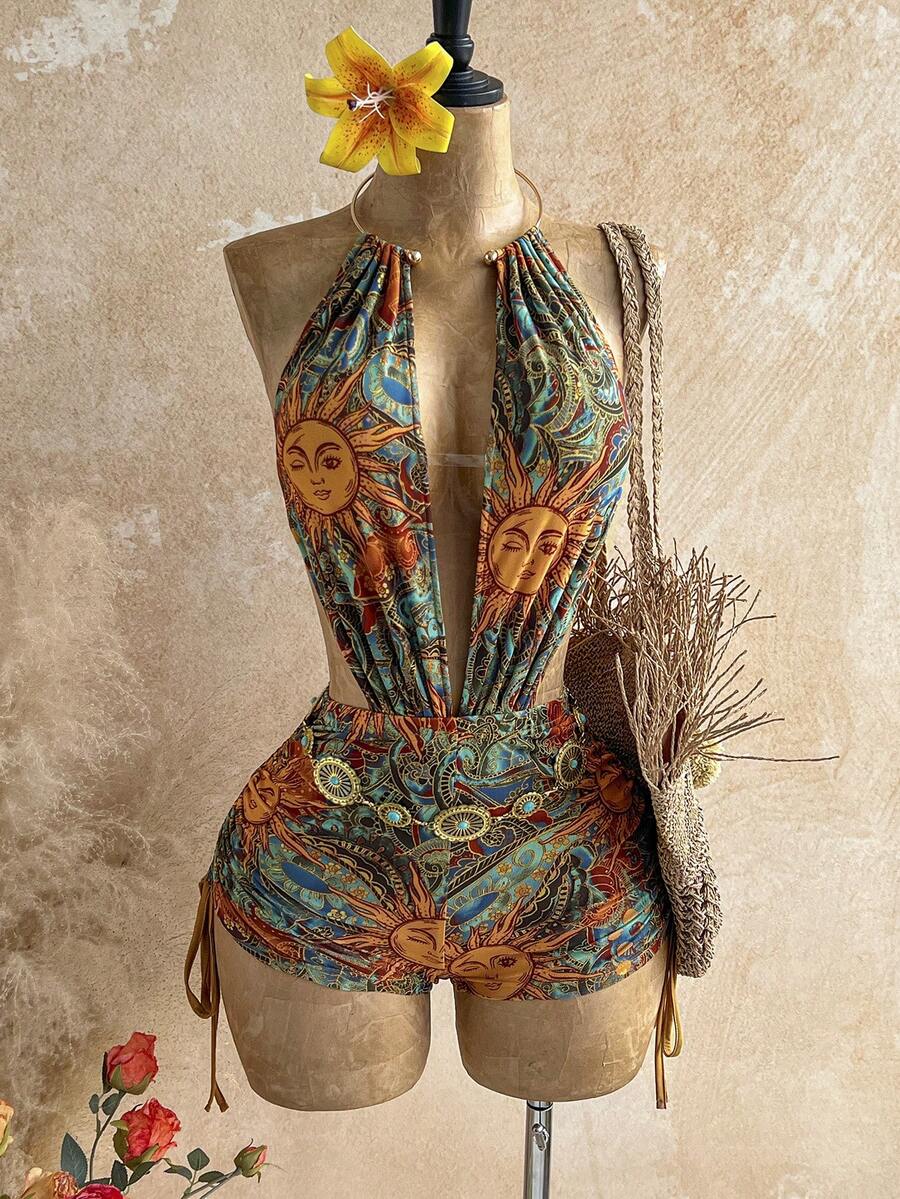 Soleia Women's Halter Tie Backless Ruched Sunflower Print Sexy Romper For Vacation, Date, Outing - Multicolor - View 1
