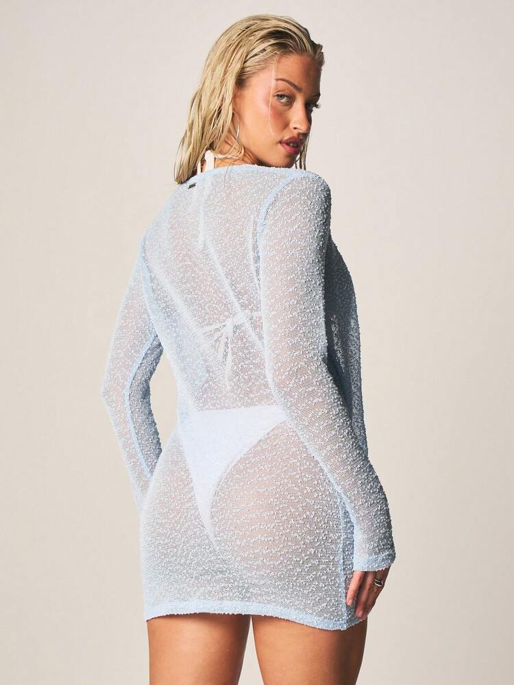 Missguided x Playboy Bunny Applique Sheer Knit Cowl Neck Long Sleeve Mini Swim Cover Up Dress Beach Summer