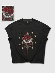 ROMWE MEN Street Life Men's Casual Heart Embroidery Loose Black Tank Top, Fashionable Street Style For Daily Commute, Summer - Black - View 1