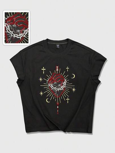 ROMWE MEN Street Life 男士休闲爱心刺绣宽松黑色背心，时尚街头风，适合日常通勤和夏季穿着