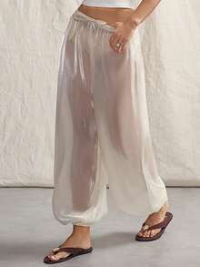 SHEIN ICON Women's Solid Color Sheer Twist Front Wide Leg Pants, Sexy & Fashionable - Beige - View 6