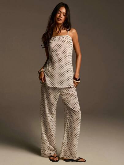 Athîral Women's Casual Vacation Beige Polka Dot Chiffon 2-Piece Set, Loose Fit, Comfortable Soft Woven Fabric, Semi Transparent Fabric, Worn With Bikini,Casual Outfit For Women,Casual Set For Women,Beach Outfit,Spring Break Outfits,Spring Clothes Women,Summer Outfits,Summer Holiday Outfits,Summer Outfits For Women,Beach Set,Polka Dot Set,Summer Holiday Outfits,Summer Outfits For Women,Vacation Outfits For Women