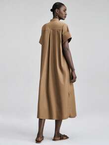 Ontre 女士米色舒适亲肤仿天丝面料衬衫，宽松版型，落肩设计，中袖，前襟纽扣，后背褶裥设计，简约都市商务休闲风，高品质设计师简约舒适都市系列中长连衣裙 - 白色 - 查看 6