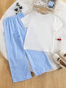 SHEIN 女童休闲格子樱桃印花T恤和裤子套装，适合日常外出和街头穿着 - 藍色 - 查看 2