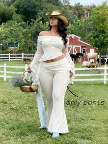 SHEIN MOD 大码女士拼接荷叶边优雅蕾丝喇叭裤，适合度假、音乐节、波西米亚风、假日约会、下午茶、夏季、音乐节和西式风格 - 杏色 - 查看 6