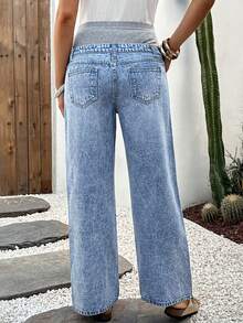 SHEIN Maternity Contrast Color Distressed Wide Leg Loose Casual Jeans Spring To Summer Carnival Costume Commuting Vacation Graduation Chic Y2k Cute Streetwear Party Wedding Elegant Business Casual Woman Women's Maternity Blue Washed Wide Leg Jeans With Comfort Panel - Blue - View 3