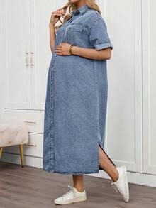 SHEIN 孕妇翻领纽扣口袋休闲日常牛仔短袖连衣裙 - 藍色 - 查看 5