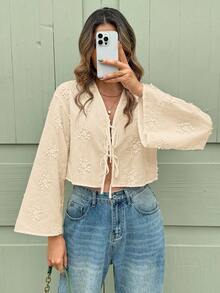 SHEIN Clasi 女款立體刺繡前綁帶休閒上衣 米色波希米亞風 度假度假款 秋冬春夏 - 杏色 - 查看 2