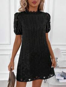 Editum 女士蓬蓬袖碎褶A字裙，帶空洞紋理和透視效果 - 黑色 - 查看 3