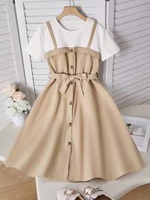 SHEIN 少女休闲优雅校园风淑女户外圆领两件套吊带连衣裙，配腰带，夏季 - 卡其色 - 查看 3