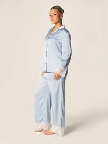 MISSGUIDED 长袖纽扣睡衣衬衫和裤子套装，带蕾丝边饰，家居服舒适睡衣套装 - 藍色 - 查看 6