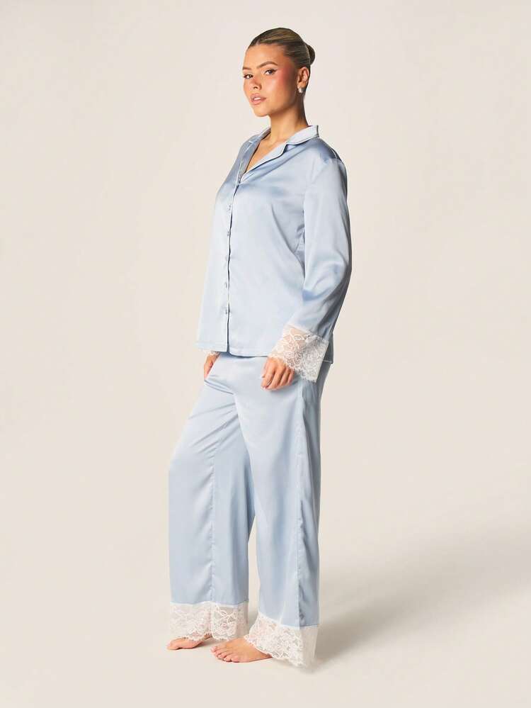 MISSGUIDED Long Sleeve Button Down Pajama Shirt And Pants Set With Lace Trim Sleepwear Loungewear Nightwear Comfort Set