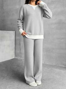 EURMUSE 2 Pcs, Blok Collar Sweatshirts & Pants - Light Grey - View 3