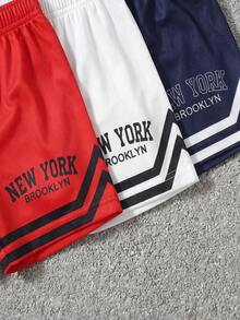 3 piezas Pantalones cortos deportivos con estampado numérico y cintura elástica para niños pequeños, azul/blanco/rojo, tela de punto suave y elástica, adecuado para actividades al aire libre, diseño sencillo y cómodo, elementos numéricos, estilo deportivo, opciones de varios colores, apto para primavera/verano, 6M-3T - Multicolor - Ver 3