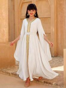 SHEIN 女童白色长袖连衣裙，袖口开衩设计，金色滚边缎带装饰，优雅迷人，适合假日、派对、春夏穿着。 - 白色 - 查看 3