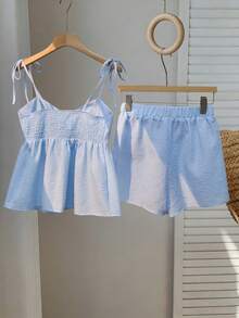 GlowEve 2pcs/Set Women's Summer Pleated Bust Bohemian Holiday Camisole And Shorts Set, Leisure Holiday Outfit - Blue and White - View 2