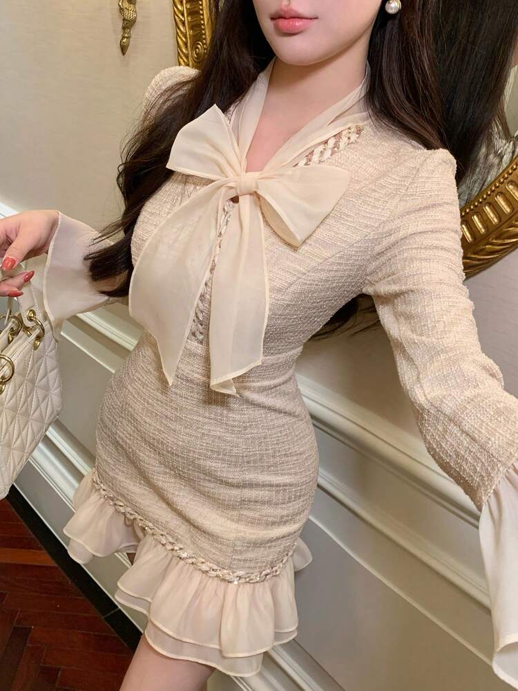 Spring & Summer Mesh Ruffle Patchwork Casual Office Wear Textured Plaid Cocktail Party Wedding Guest Dress, Elegant Fitted Flared Hem Midi Dress For Women Sundress