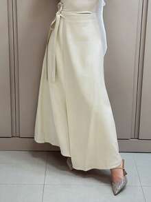 DAZY Chân váy dài buộc dây, màu trơn, thanh lịch dành cho nữ. - Màu be - Xem 6