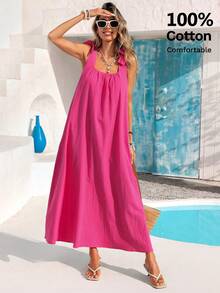 Vivid Eden 女士纯色褶皱休闲中长连衣裙，适合约会和外出，100%纯棉面料，适合度假、休闲穿搭、沙滩装、女士沙滩装、狂欢节服装、女士狂欢节服装、女士情人节服装、夏季度假服装、适合春夏假期、女士休闲装、女士休闲夏季连衣裙、女士度假连衣裙、女士夏季长裙、女士休闲夏季连衣裙、女士休闲长裙 - 玫紅色 - 查看 7