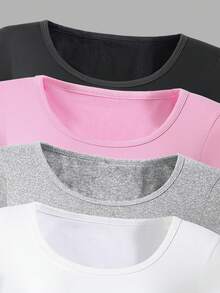 SHEIN 4件套少女休闲百搭日常居家运动瑜伽圆领短袖紧身短裤针织纯色连体裤，春夏款 - 彩色 - 查看 3