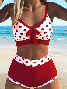Swim Lushoire 2件套新款夏季彩色蝴蝶结露背露肩休闲派对沙滩比基尼泳装套装（女士） - 紅白色 - 查看 1