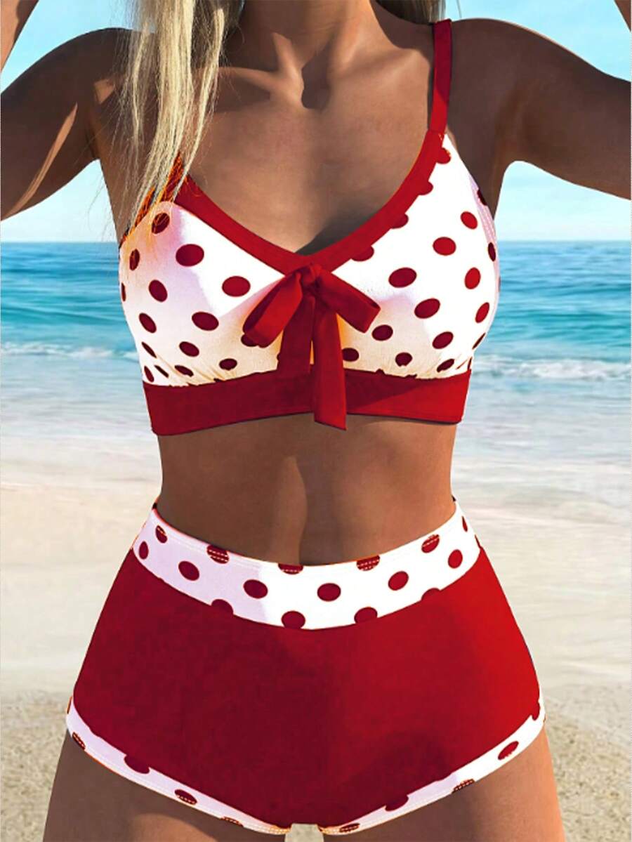 Swim Lushoire 2件套新款夏季彩色蝴蝶结露背露肩休闲派对沙滩比基尼泳装套装（女士） - 紅白色 - 查看 1