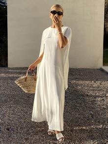 DAZY Women's Solid Color Fitted Shawl Collar Elegant Dress, Suitable For Banquet, Spring/Summer Sundress - White - View 3