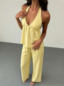 Aloruh 女士夏季休闲度假纯色露背吊带上衣和阔腿裤两件套 - 黃色 - 查看 3