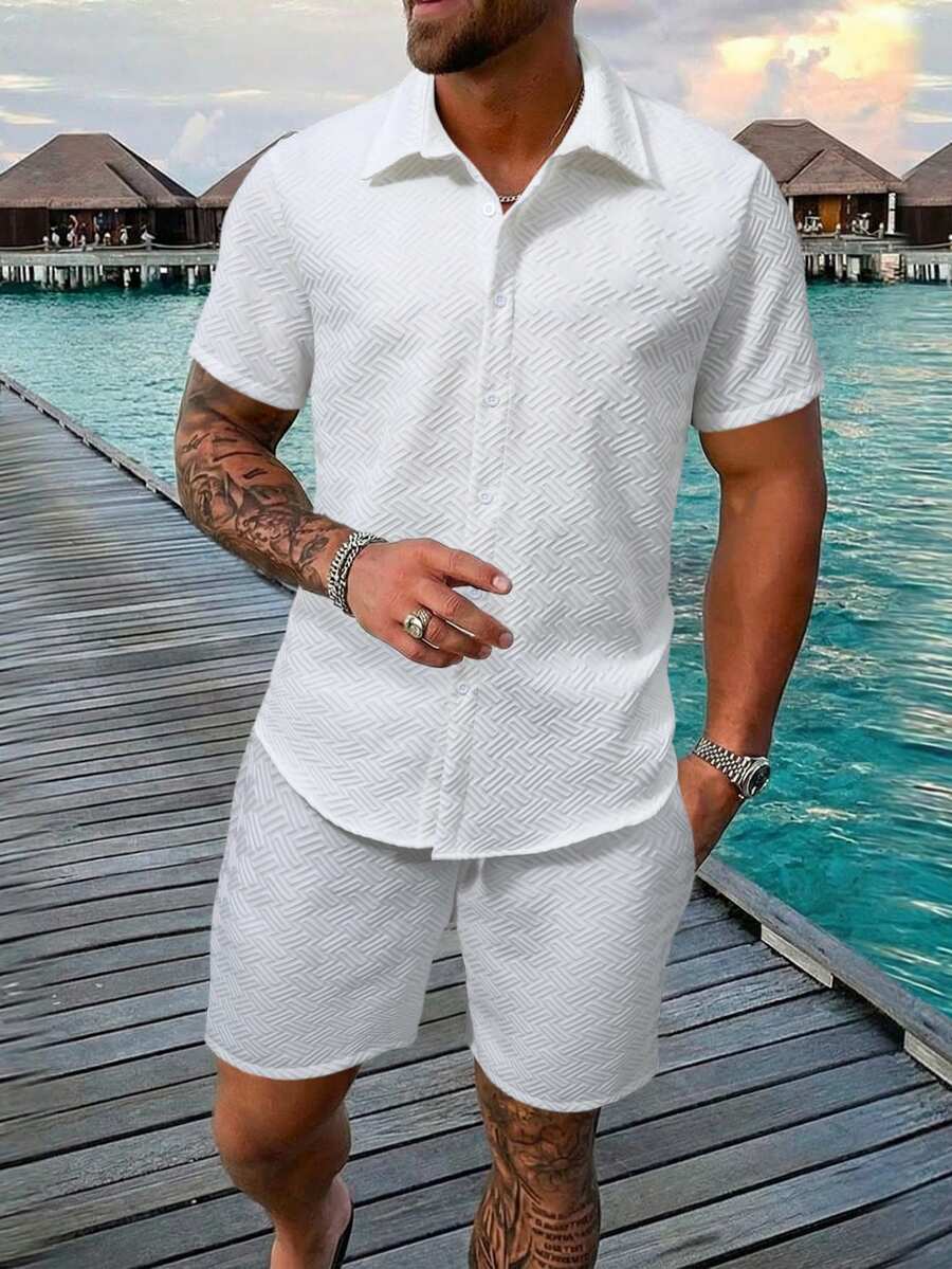 Manfinity RSRT Bộ 2 món đồ nam mùa hè, kiểu dáng thường ngày, chất liệu vải trơn, tay ngắn và quần short có dây rút eo. - trắng - Xem 1