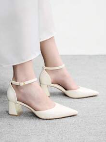 CUCCOO BIZCHIC 女鞋 女士尖头粗跟中跟白色踝带镂空女式高跟鞋 时尚舒适通勤商务百搭女式镂空鞋 - 米色PU - 查看 5