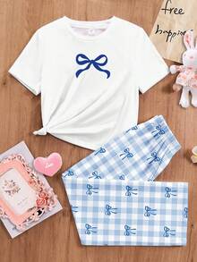Conjunto de blusa feminina casual minimalista de manga curta com gola redonda e calça folgada, estampa xadrez azul com laços, ideal para o verão. - Multicolorido - Ver 5