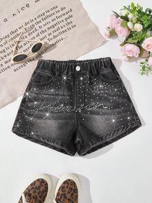SHEIN Celana Pendek Denim Anak Perempuan, Warna Gelap, Musim Panas, Pakaian Jalanan, Gaya Kota Y2K, Potongan Lurus Longgar, Desain Dekorasi Rhinestone yang Dipersonalisasi, Mode Kasual - Hitam - View 3