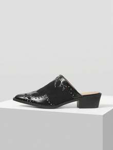 Mnmlis 女士尖头铆钉设计时尚百搭高跟穆勒鞋 - 黑色 - 查看 1