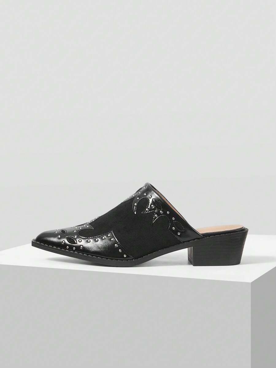 Mnmlis 女士尖头铆钉设计时尚百搭高跟穆勒鞋 - 黑色 - 查看 1