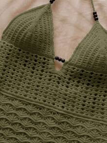 Soleia 大码性感吊带V领镂空木珠修身连衣裙，度假吊带露背渐变针织长裙，适合假日、约会、下午茶、音乐节等场合，波西米亚风 - 橄欖綠 - 查看 6