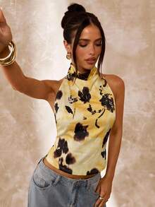SHEIN BAE Yellow Floral Print Halter Neck Casual Top, Yellow Top, Elegant Top, Vacation Top, Wedding Attire Top, Back To School/Graduation Season Top - Yellow - View 6