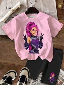 SHEIN 2pcs/Set Young Girl Casual K-Pop Cartoon Character Print, K-Pop Style Printed Clothes, K-Pop Cartoon Figures 2-Piece Set, Pink & Black Matching, Korean Wave Fan Gift, Music, Concert, Fashionable Girls Children Clothing, Boys & Girls Kimetsu No Yaiba Kids Girls Character Shirts Anime Girl Shirt - Multicolor - View 2