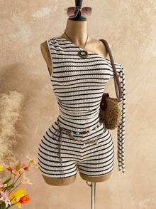 Soleia Sexy Spaghetti Strap Tie Waist Romper In Light Yellow, Suitable For Vacation, Party, Music Festival, Boho, Holiday Date, Afternoon Tea - Multicolor - View 4