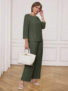 Miaspire Bộ đồ thể thao nữ gồm áo dài tay cổ tròn màu trơn và quần ống rộng. - Màu xanh lá cây đậm - Xem 7