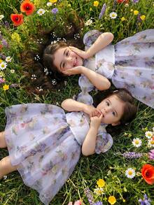 女童碎花泡泡袖翻领连衣裙 - 彩色 - 查看 1