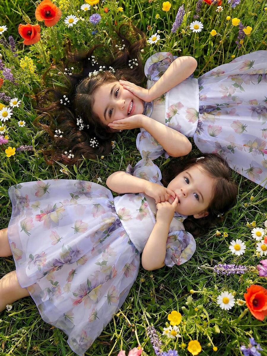 女童碎花泡泡袖翻领连衣裙 - 彩色 - 查看 1