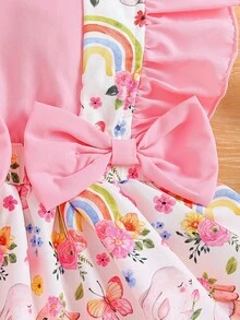Souflis Souflis 1件女嬰粉色花卉夏季可愛生日連身衣附頭帶，荷葉袖彩虹兔子印花蝴蝶結開胯圍兜短褲，復活節適用 - 粉色 - 查看 7