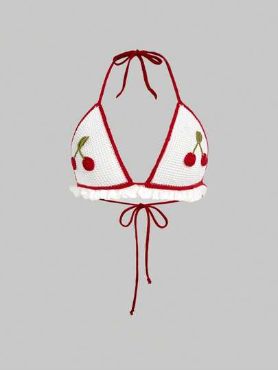 Sweetness Plus Size Spring Cute Cherry Embroidered Soft Triangle Cup Swimsuit Cover Up Knit Top For Beach Vacation