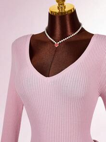 Amplova Women's Backless Bow Tie Mini Long Sleeve Dress, Red Sexy Sweater Suitable For Dates, Valentine's Day Parties, Casual And Sexy Daily Wear - Pink - View 5